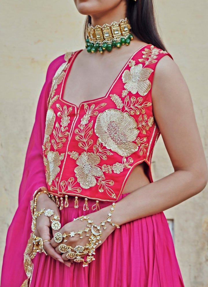 Pink Silk Embroidered Lehenga Set Ease - Fabilicious Fashion