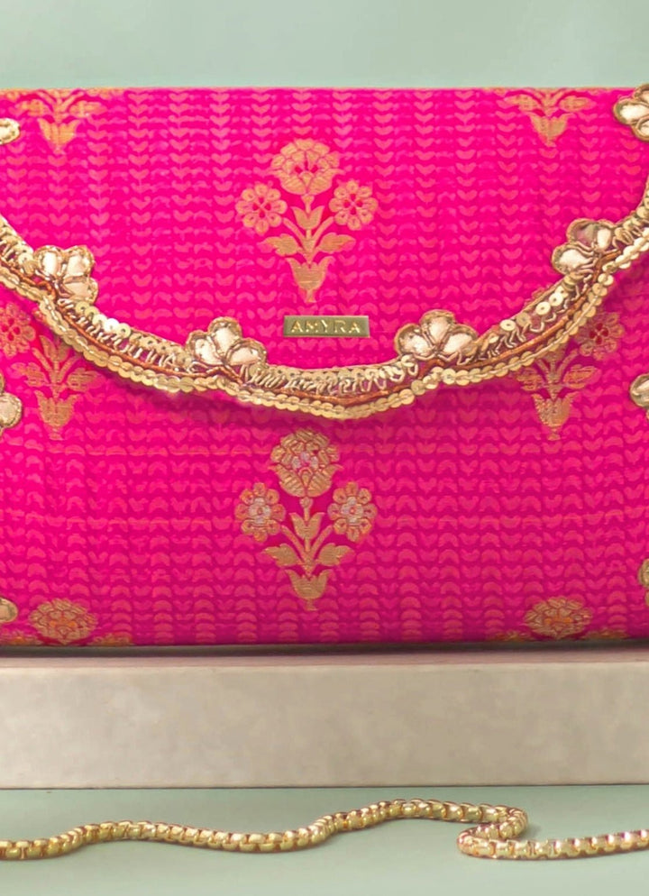 Pink Silk Flapover Clutch AMYRA - Fabilicious Fashion