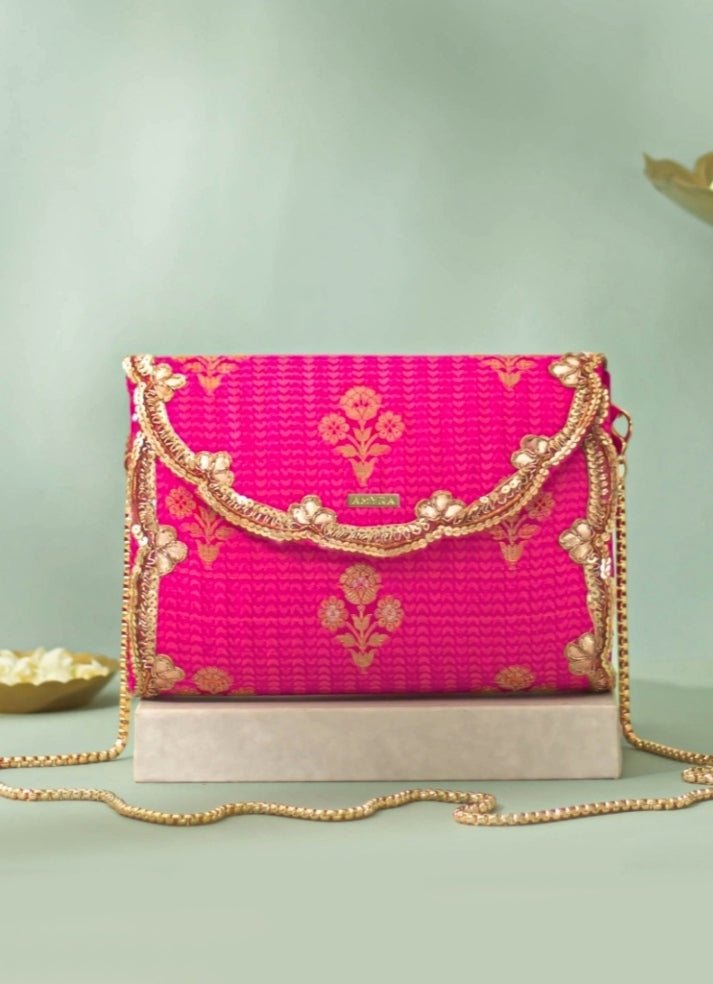 Pink Silk Flapover Clutch AMYRA - Fabilicious Fashion