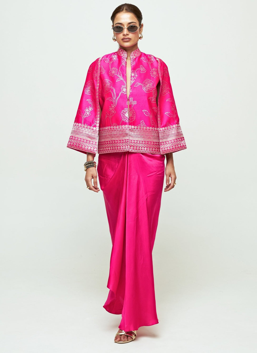 Sobariko Pink Silk Jacket With Draped Skirt SetFabilicious Fashion