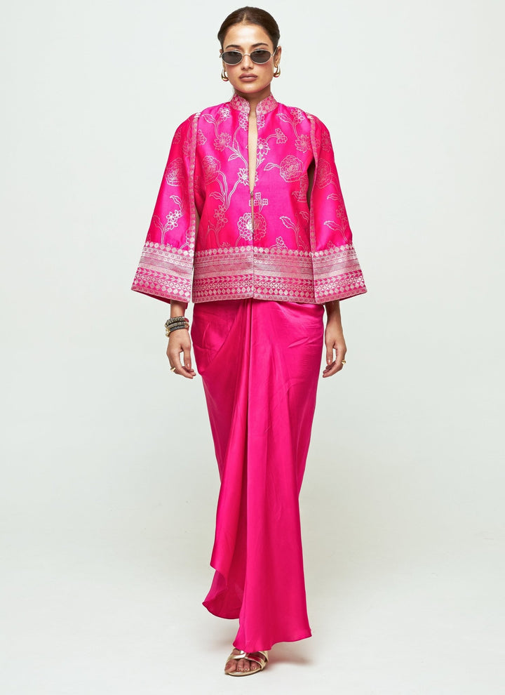 Sobariko Pink Silk Jacket With Draped Skirt SetFabilicious Fashion