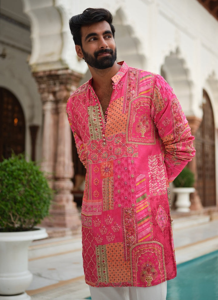 Darzi House Pink Silk Patchwork Kurta SetFabilicious Fashion