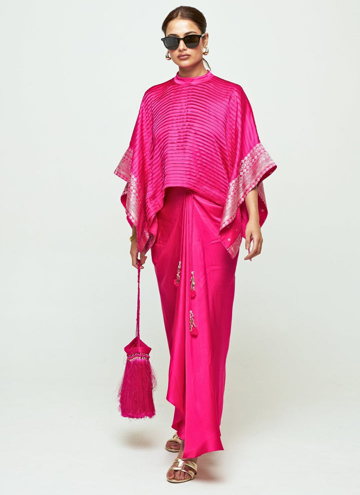 Sobariko Pink Silk Pleated Top With Draped Skirt SetFabilicious Fashion