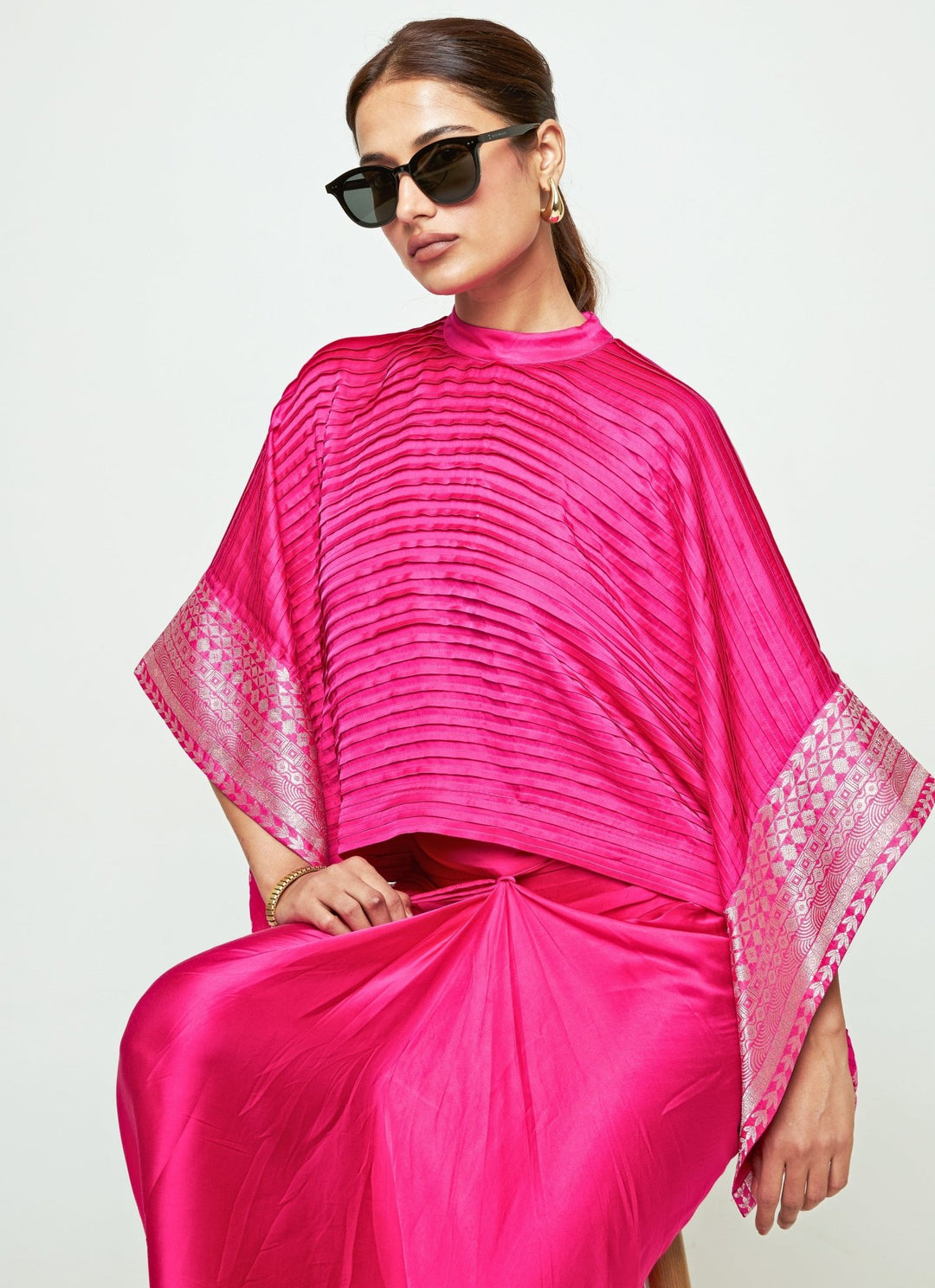 Sobariko Pink Silk Pleated Top With Draped Skirt SetFabilicious Fashion