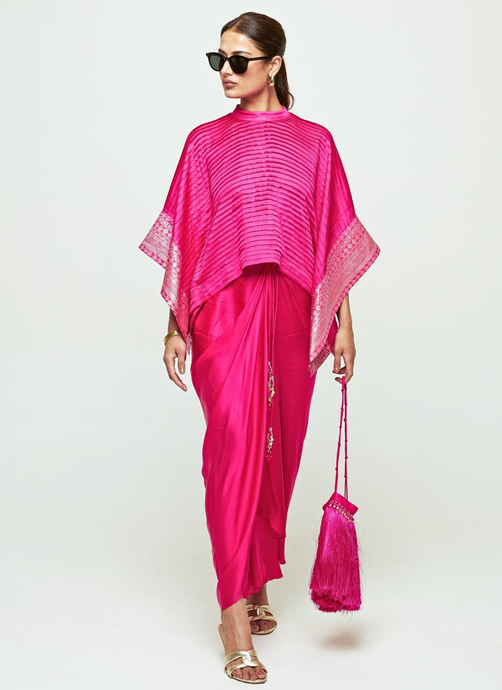 Sobariko Pink Silk Pleated Top With Draped Skirt SetFabilicious Fashion