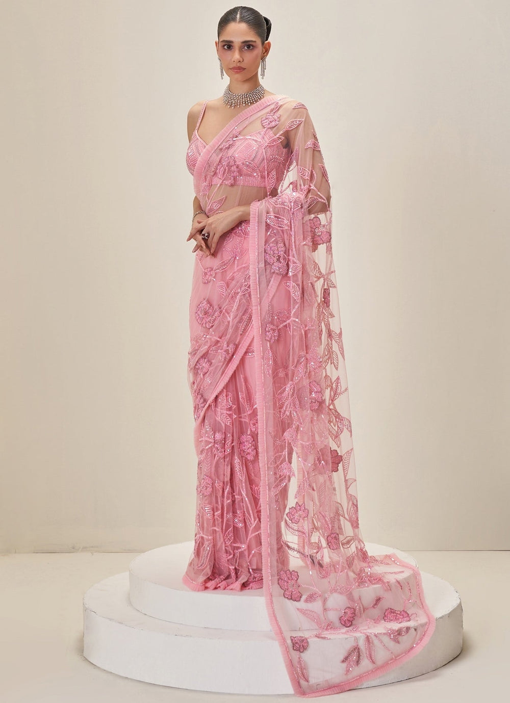 Pink Soft Net Embroidered Saree Set Angad Singh - Fabilicious Fashion