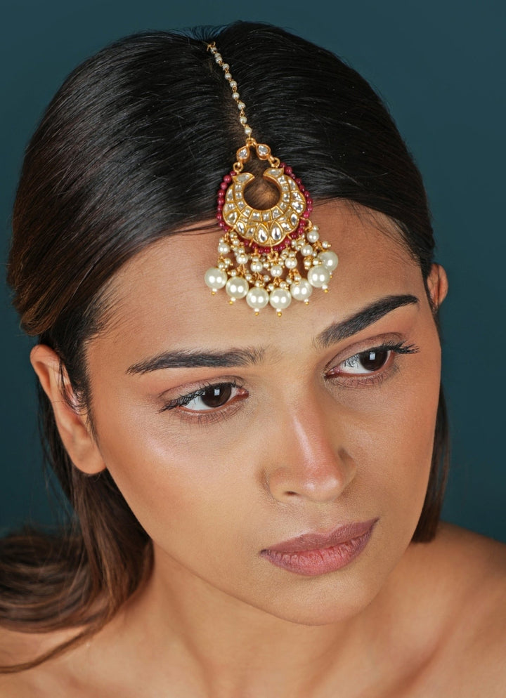 Pink Stone And Pearl Matte Gold Maangtikka Riana Jewellery - Fabilicious Fashion
