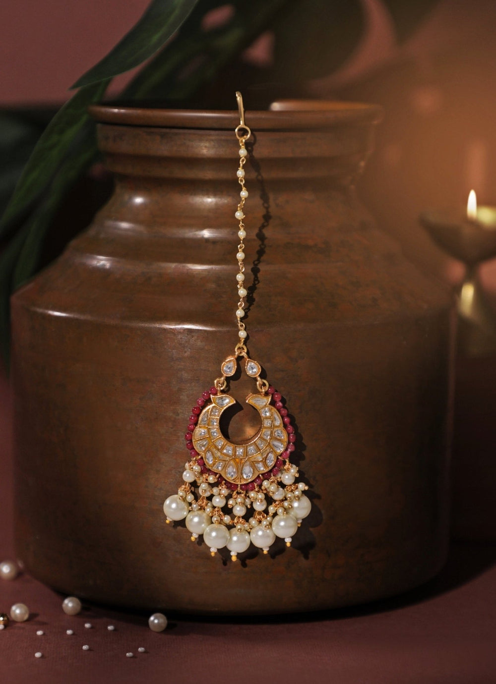 Pink Stone And Pearl Matte Gold Maangtikka Riana Jewellery - Fabilicious Fashion
