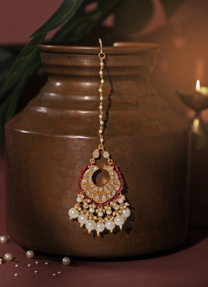 Pink Stone And Pearl Matte Gold Maangtikka Riana Jewellery - Fabilicious Fashion