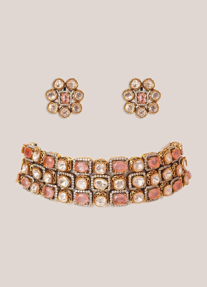 Pink Stone And Polki Gold Choker Set Zevar by Geeta - Fabilicious Fashion