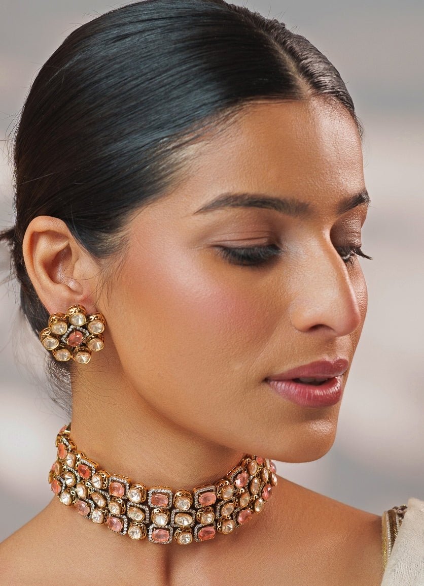 Pink Stone And Polki Gold Choker Set Zevar by Geeta - Fabilicious Fashion
