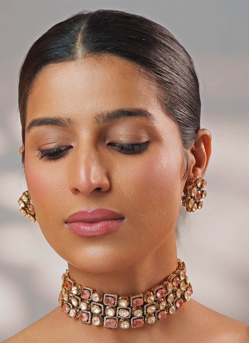Pink Stone And Polki Gold Choker Set Zevar by Geeta - Fabilicious Fashion