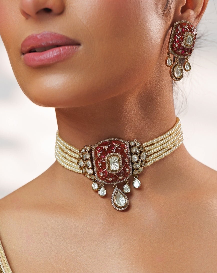 Pink Stone And Polki Pearl Choker Set Zevar by Geeta - Fabilicious Fashion