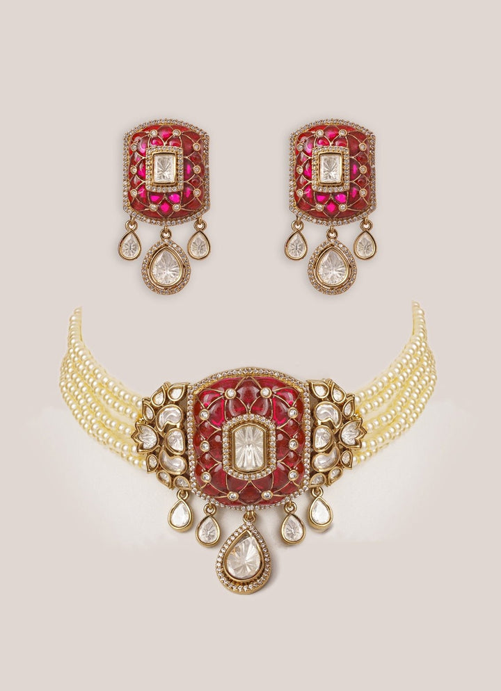 Pink Stone And Polki Pearl Choker Set Zevar by Geeta - Fabilicious Fashion