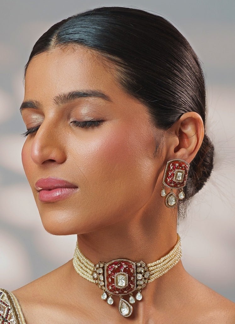 Pink Stone And Polki Pearl Choker Set Zevar by Geeta - Fabilicious Fashion