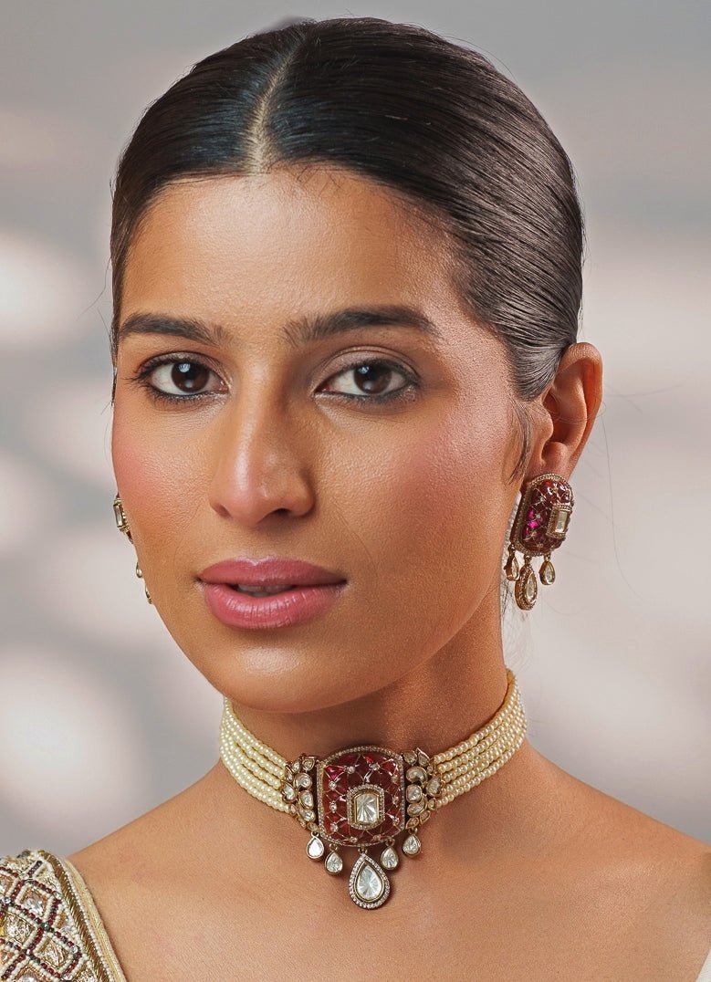 Pink Stone And Polki Pearl Choker Set Zevar by Geeta - Fabilicious Fashion