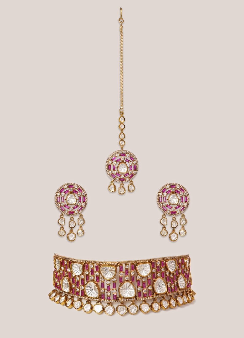 Pink Stone And Polki Two Tone Choker Set Zevar by Geeta - Fabilicious Fashion