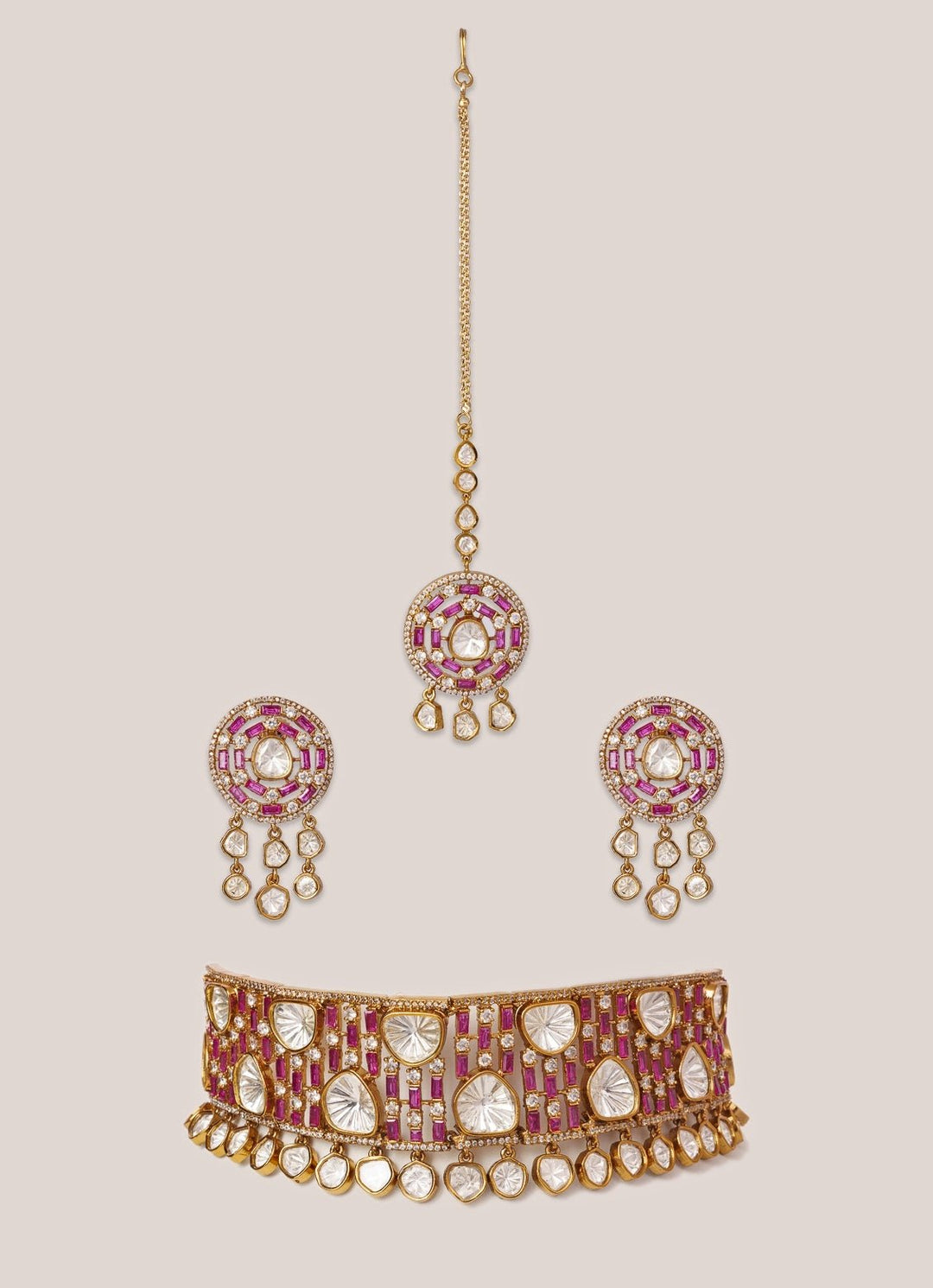Pink Stone And Polki Two Tone Choker Set Zevar by Geeta - Fabilicious Fashion