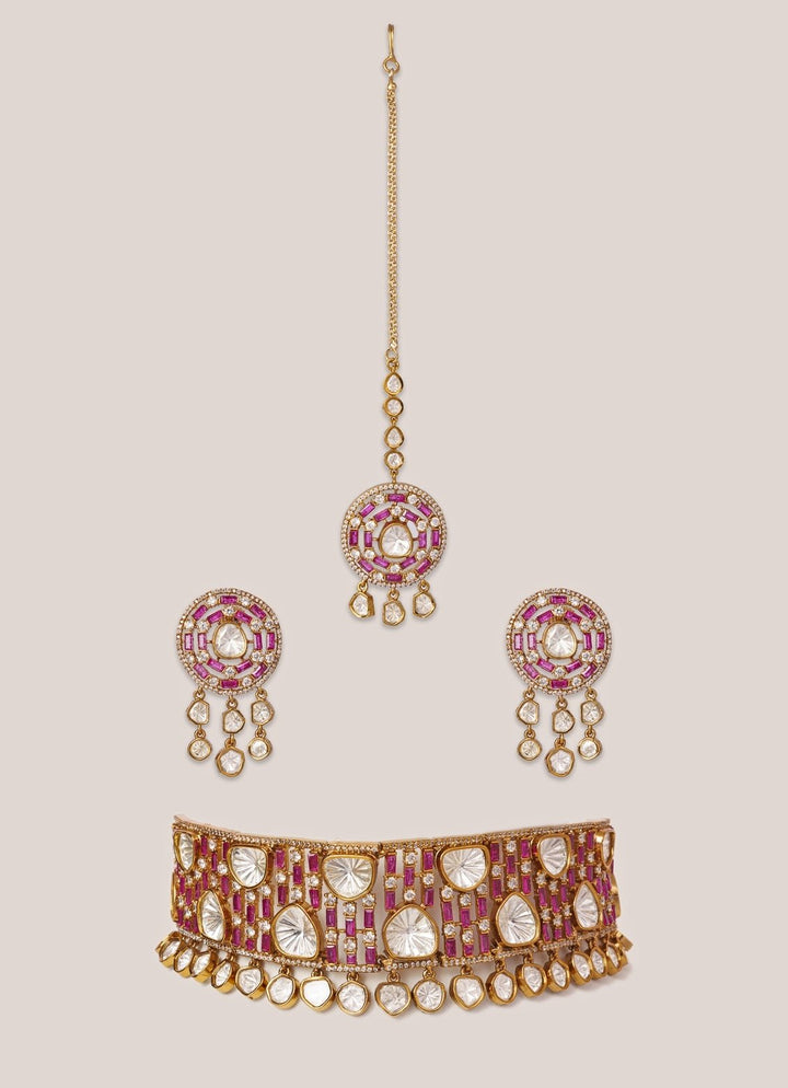 Pink Stone And Polki Two Tone Choker Set Zevar by Geeta - Fabilicious Fashion