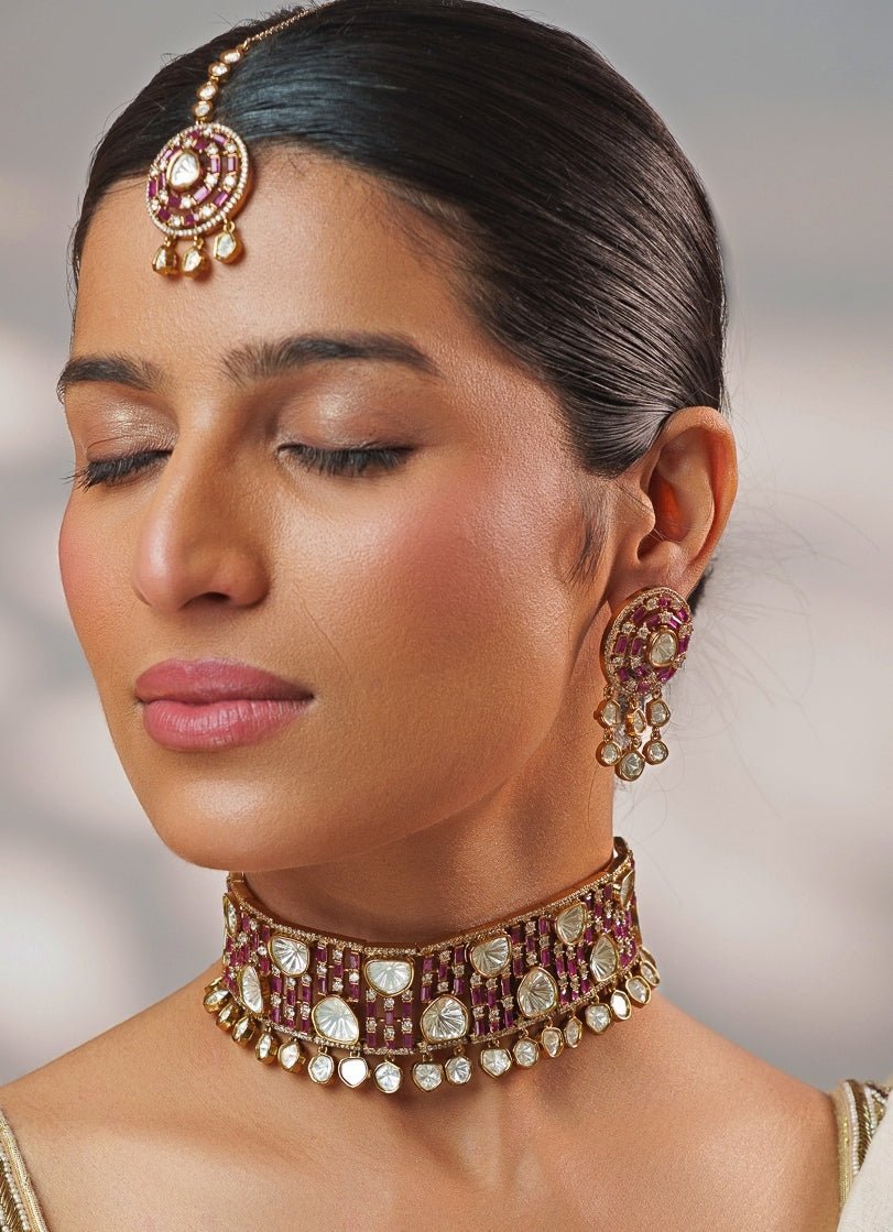 Pink Stone And Polki Two Tone Choker Set Zevar by Geeta - Fabilicious Fashion