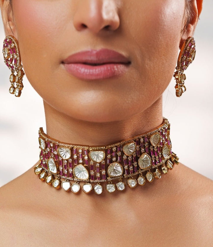 Pink Stone And Polki Two Tone Choker Set Zevar by Geeta - Fabilicious Fashion