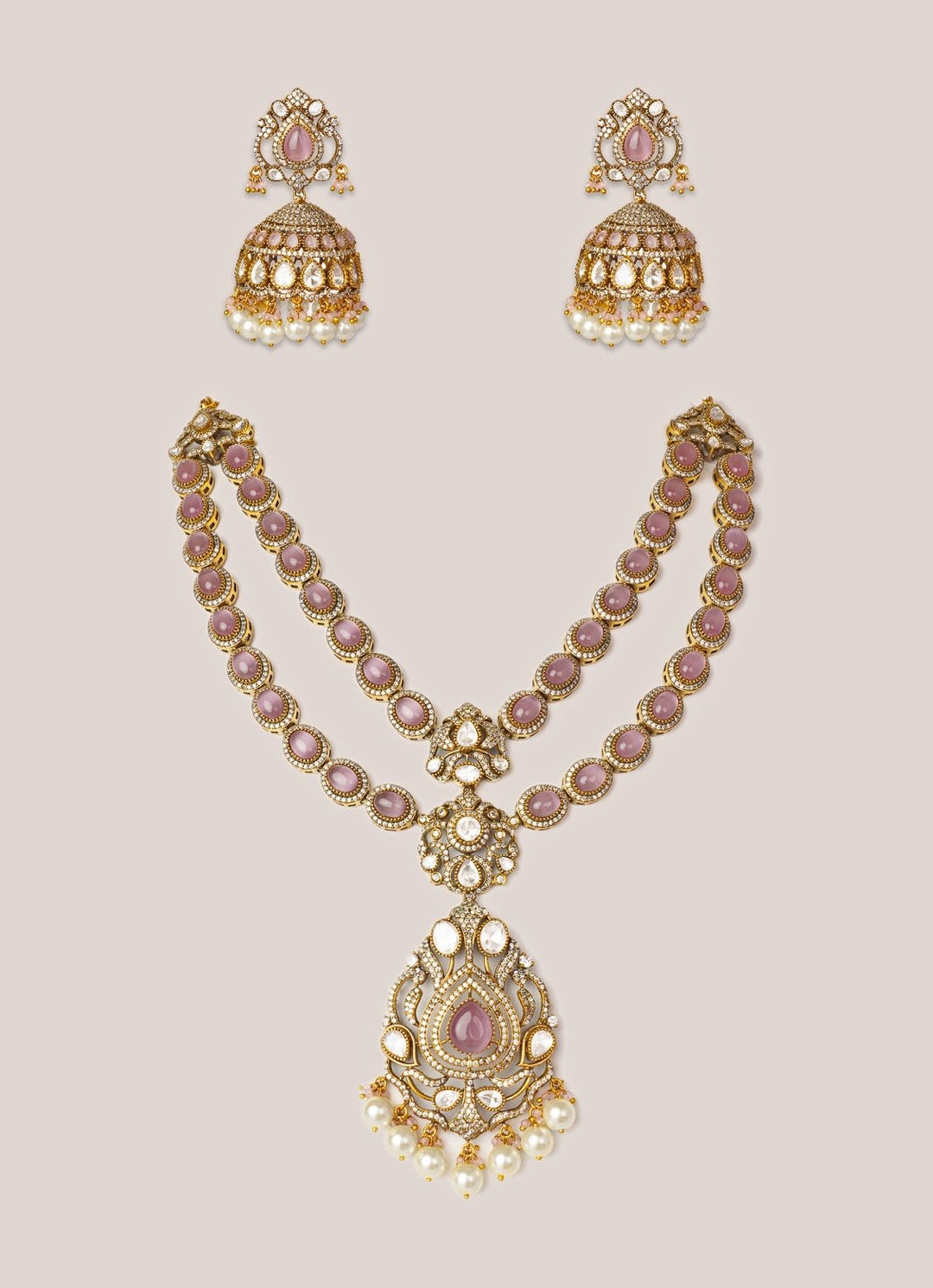 Pink Stone And Polki Two Tone Long Necklace Set Zevar by Geeta - Fabilicious Fashion