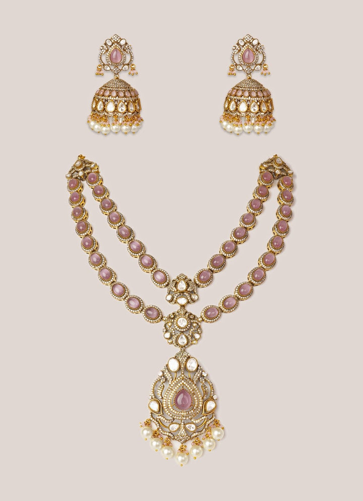 Pink Stone And Polki Two Tone Long Necklace Set Zevar by Geeta - Fabilicious Fashion