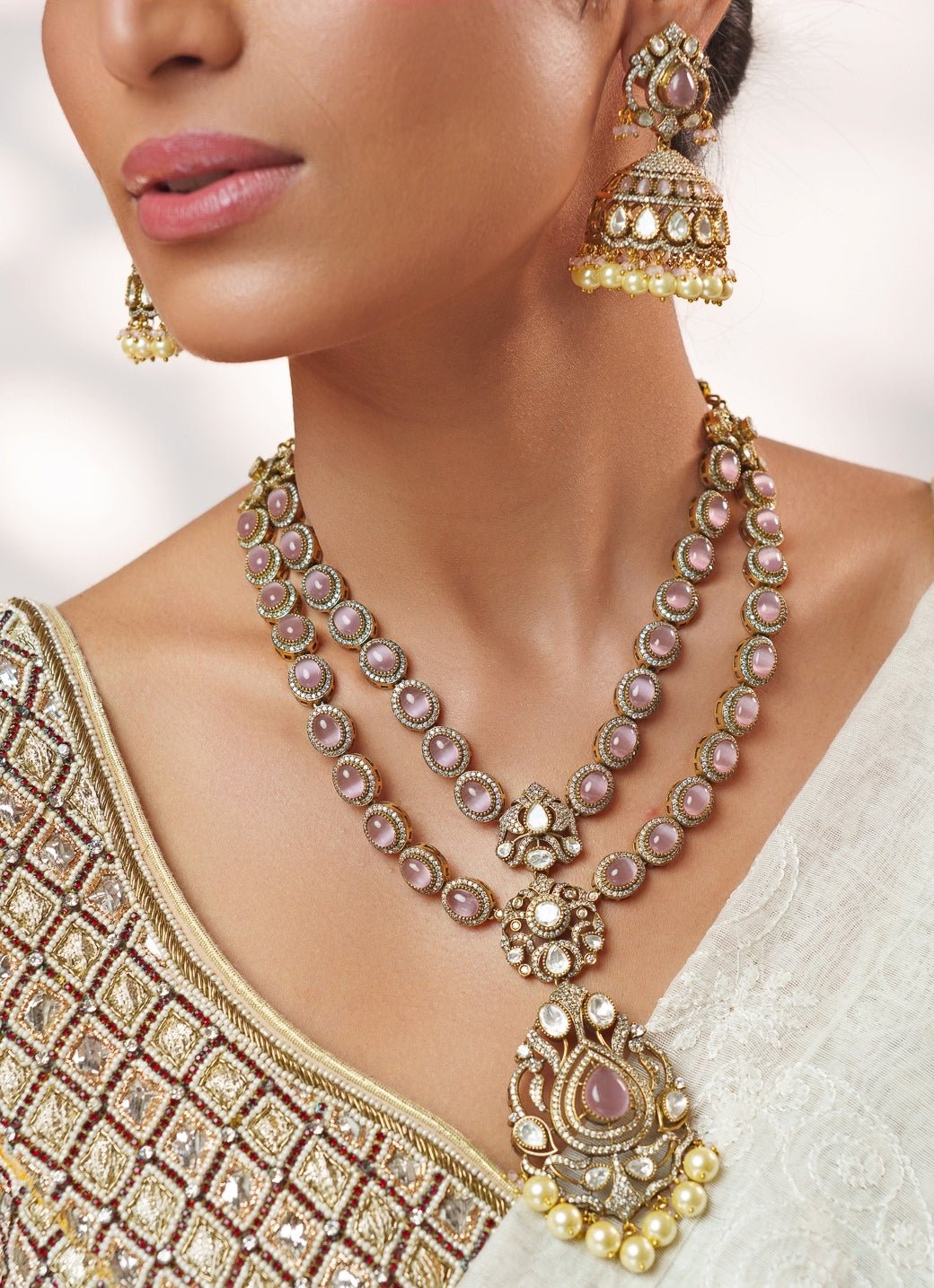 Pink Stone And Polki Two Tone Long Necklace Set Zevar by Geeta - Fabilicious Fashion