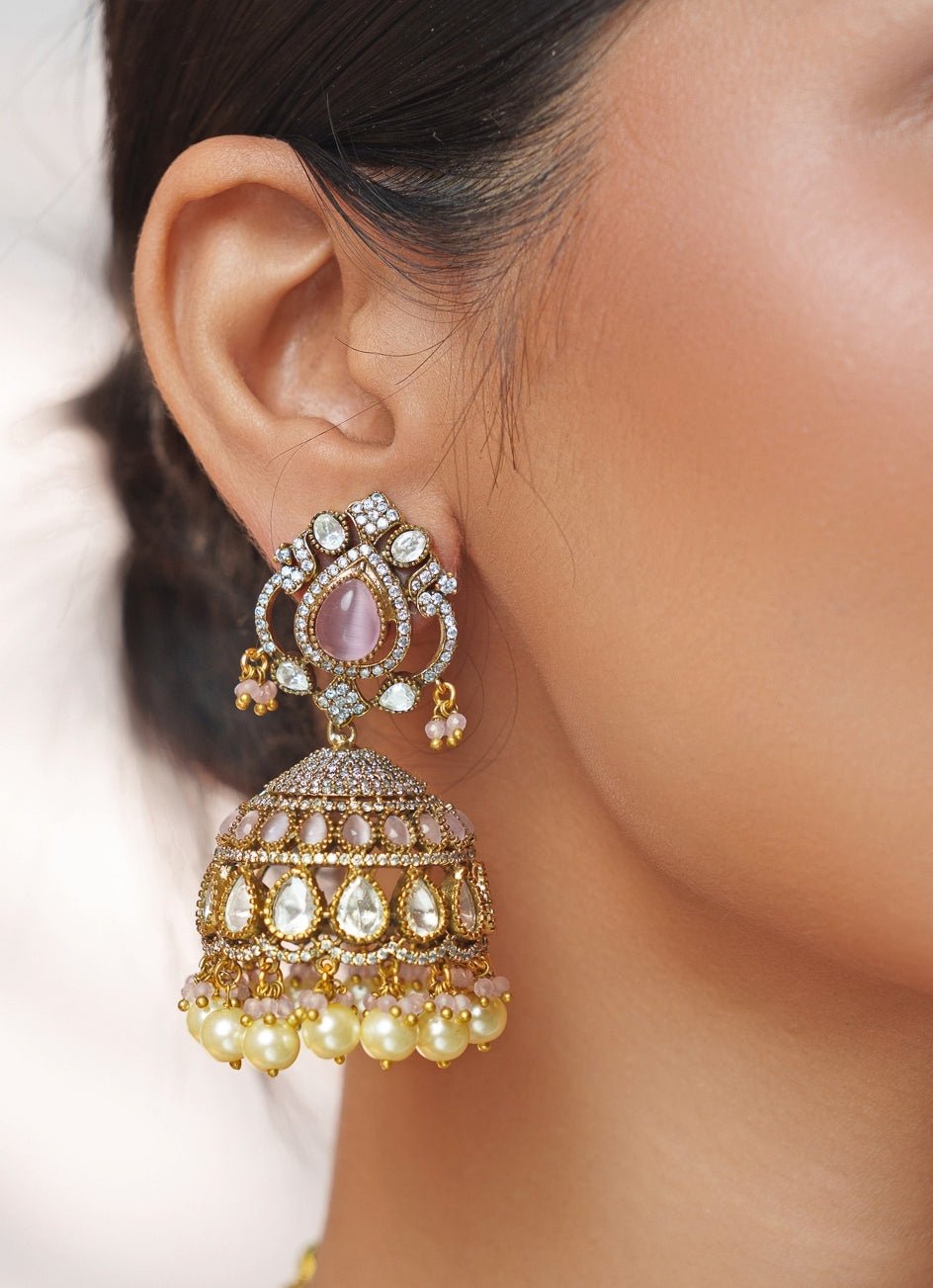 Pink Stone And Polki Two Tone Long Necklace Set Zevar by Geeta - Fabilicious Fashion