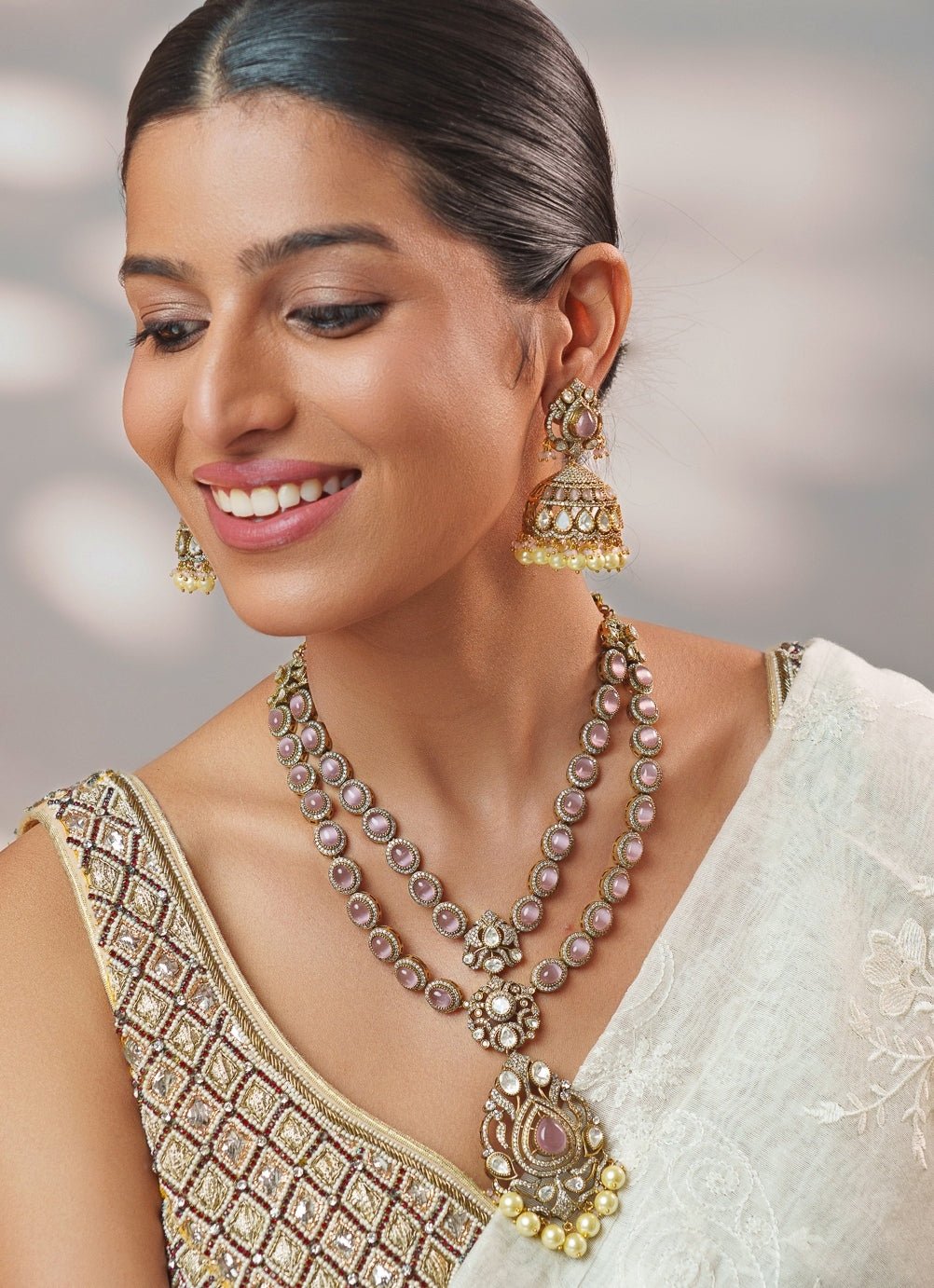 Pink Stone And Polki Two Tone Long Necklace Set Zevar by Geeta - Fabilicious Fashion