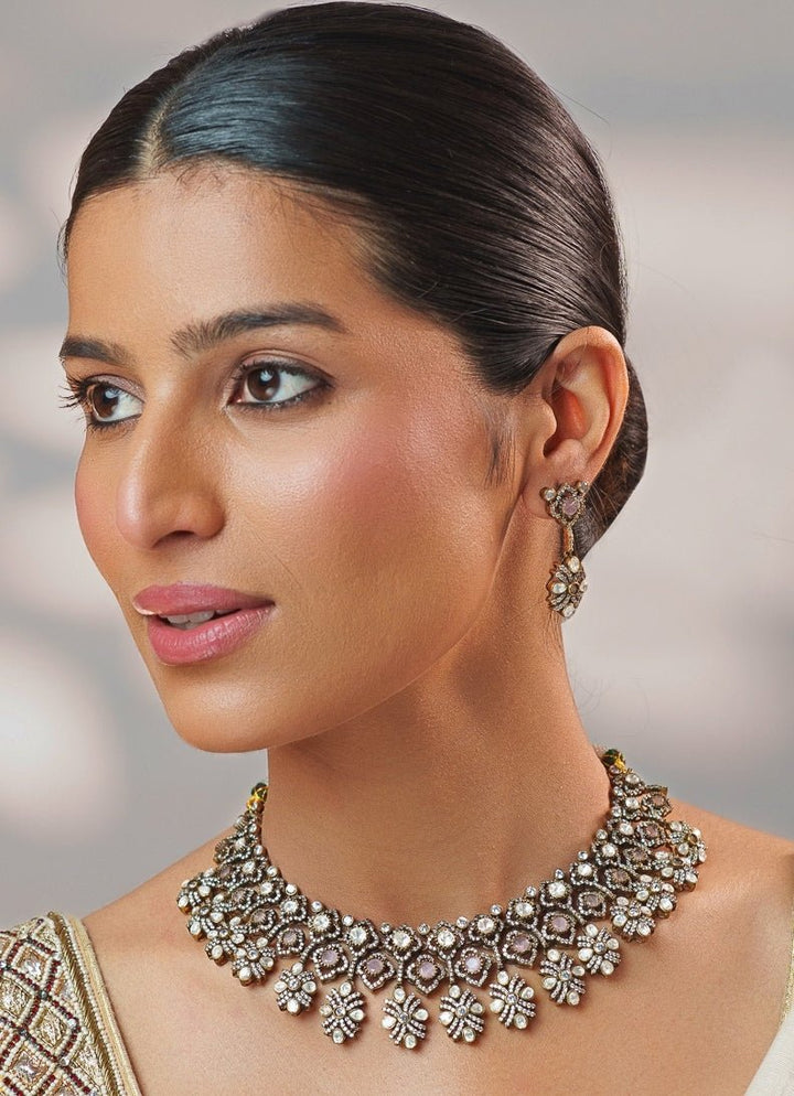 Pink Stone And Polki Two Tone Necklace Set Zevar by Geeta - Fabilicious Fashion