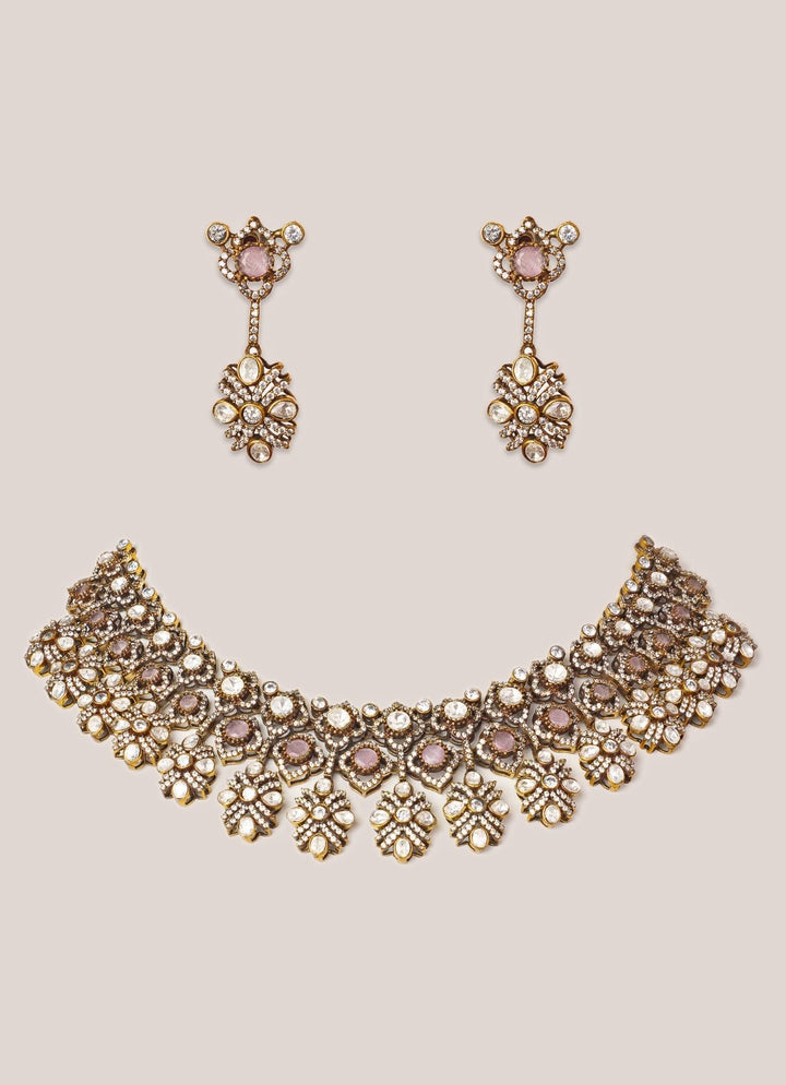Pink Stone And Polki Two Tone Necklace Set Zevar by Geeta - Fabilicious Fashion