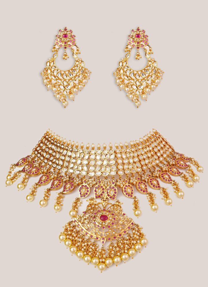 Pink Stones Kundan Jadau Gold Necklace Set Zevar by Geeta - Fabilicious Fashion