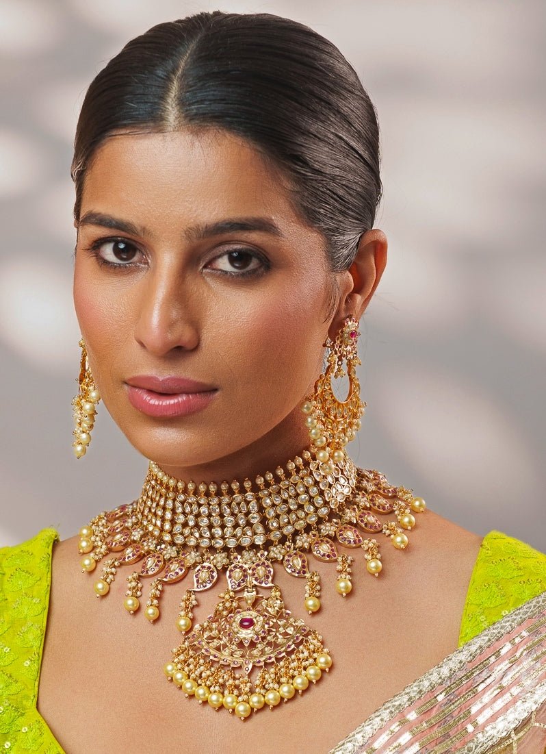 Pink Stones Kundan Jadau Gold Necklace Set Zevar by Geeta - Fabilicious Fashion