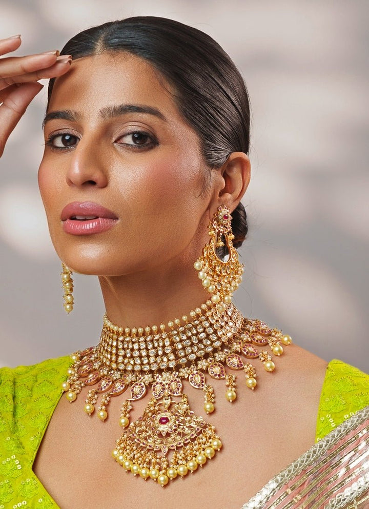 Pink Stones Kundan Jadau Gold Necklace Set Zevar by Geeta - Fabilicious Fashion