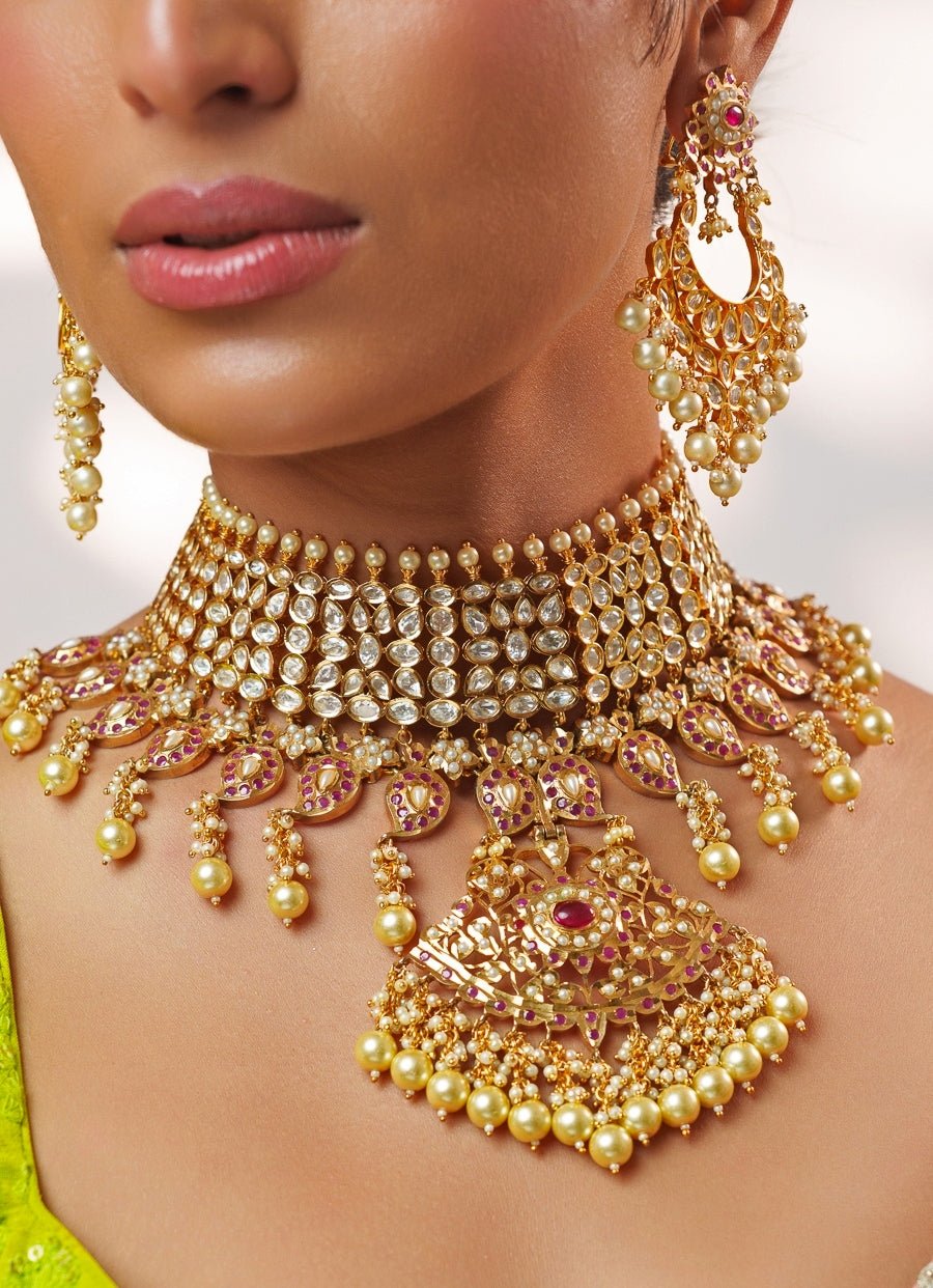 Pink Stones Kundan Jadau Gold Necklace Set Zevar by Geeta - Fabilicious Fashion