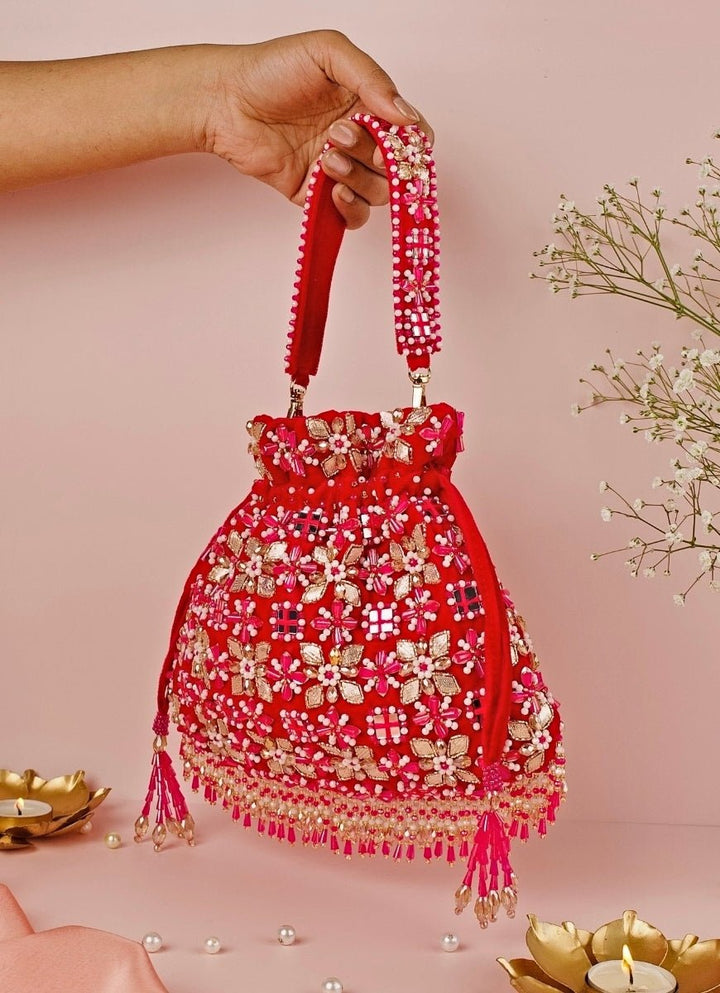 Pink Suede Gota Mirror Embellished Potli House of Kosha - Fabilicious Fashion