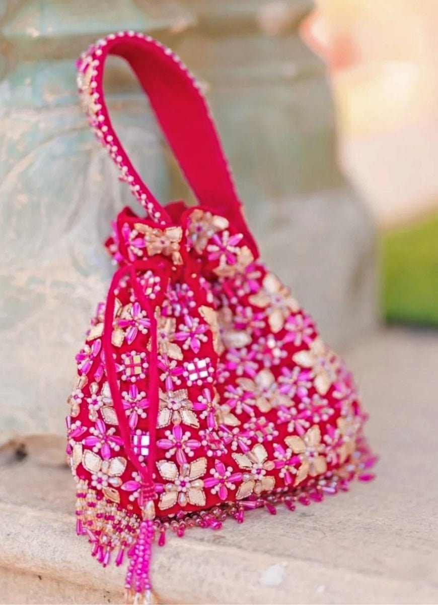 Pink Suede Gota Mirror Embellished Potli House of Kosha - Fabilicious Fashion