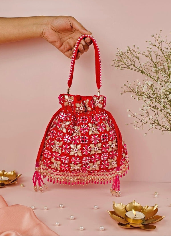 Pink Suede Gota Mirror Embellished Potli