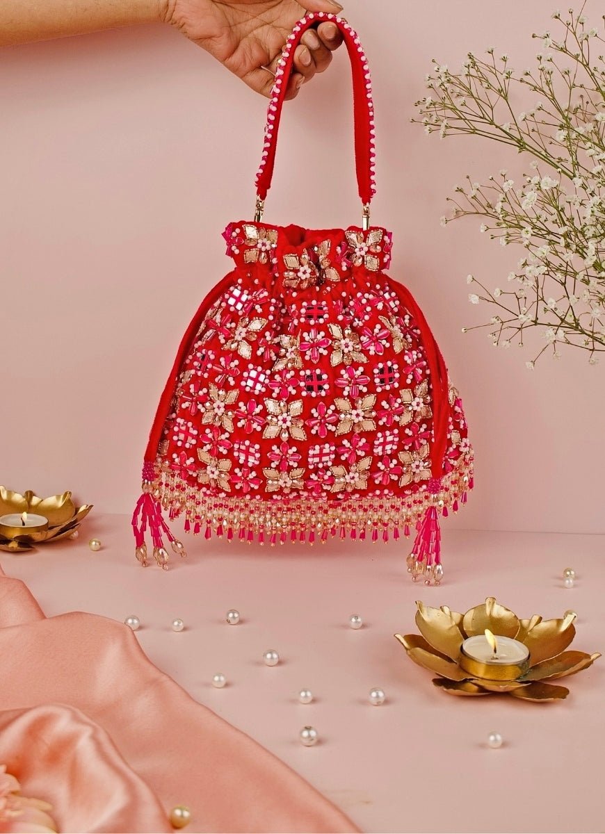 Pink Suede Gota Mirror Embellished Potli House of Kosha - Fabilicious Fashion