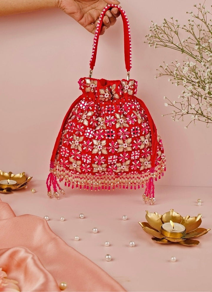 Pink Suede Gota Mirror Embellished Potli House of Kosha - Fabilicious Fashion