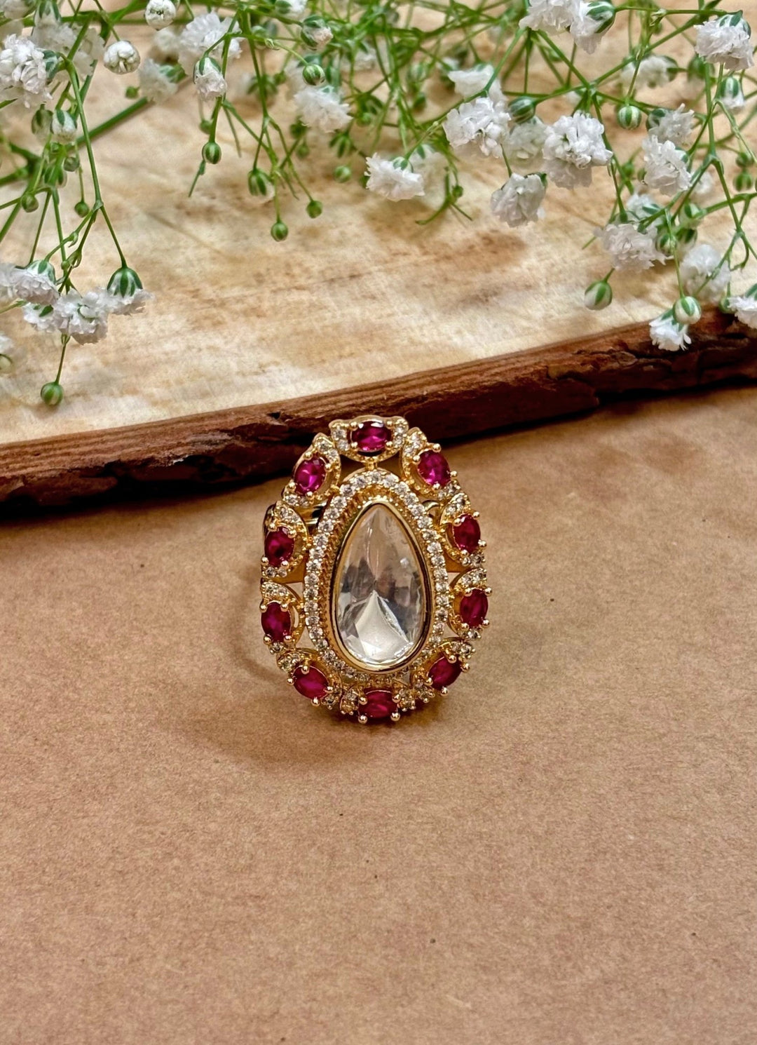 Naymee Pink Teardrop Kundan RingFabilicious Fashion