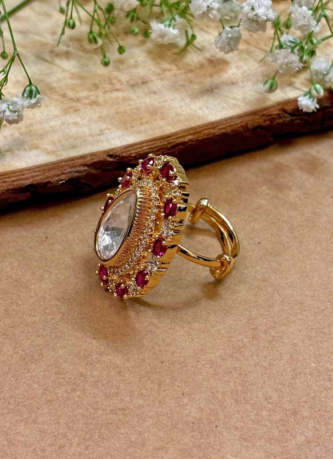 Naymee Pink Teardrop Kundan RingFabilicious Fashion