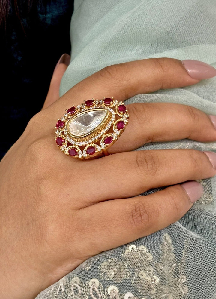 Naymee Pink Teardrop Kundan RingFabilicious Fashion