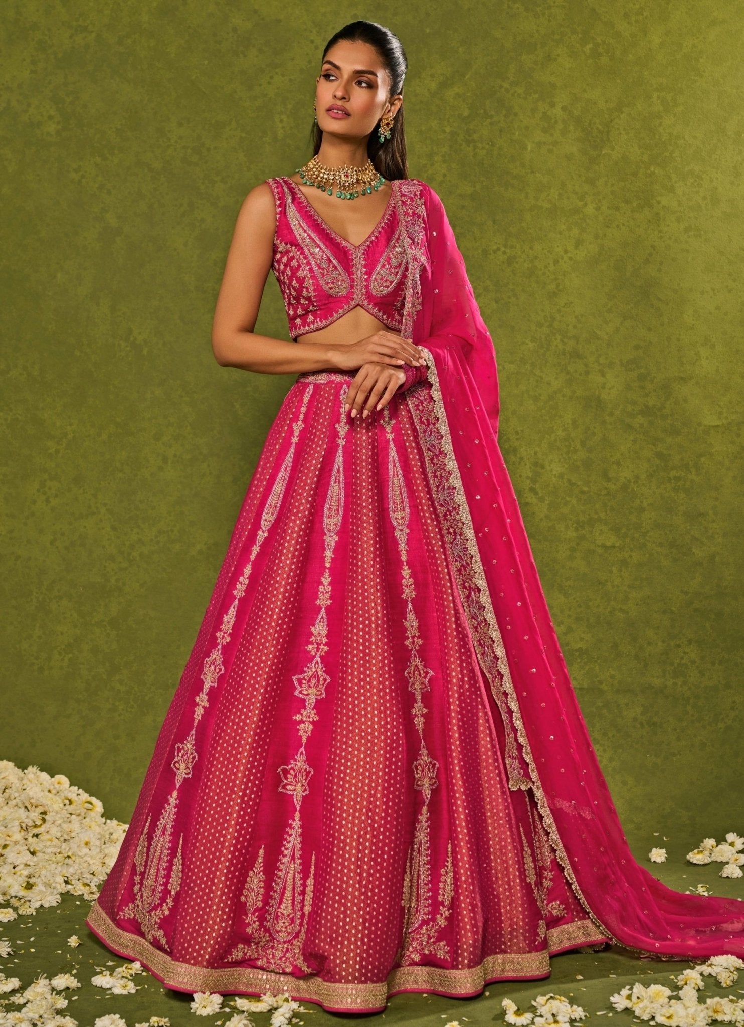 Pink tissue jamewar bridal lehenga for bride to be