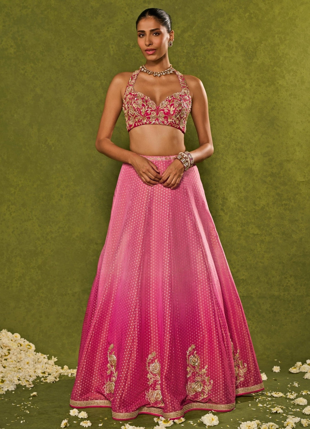 Pink Tissue Jamewar Ombre Lehenga Chamee &amp; Palak - Fabilicious Fashion