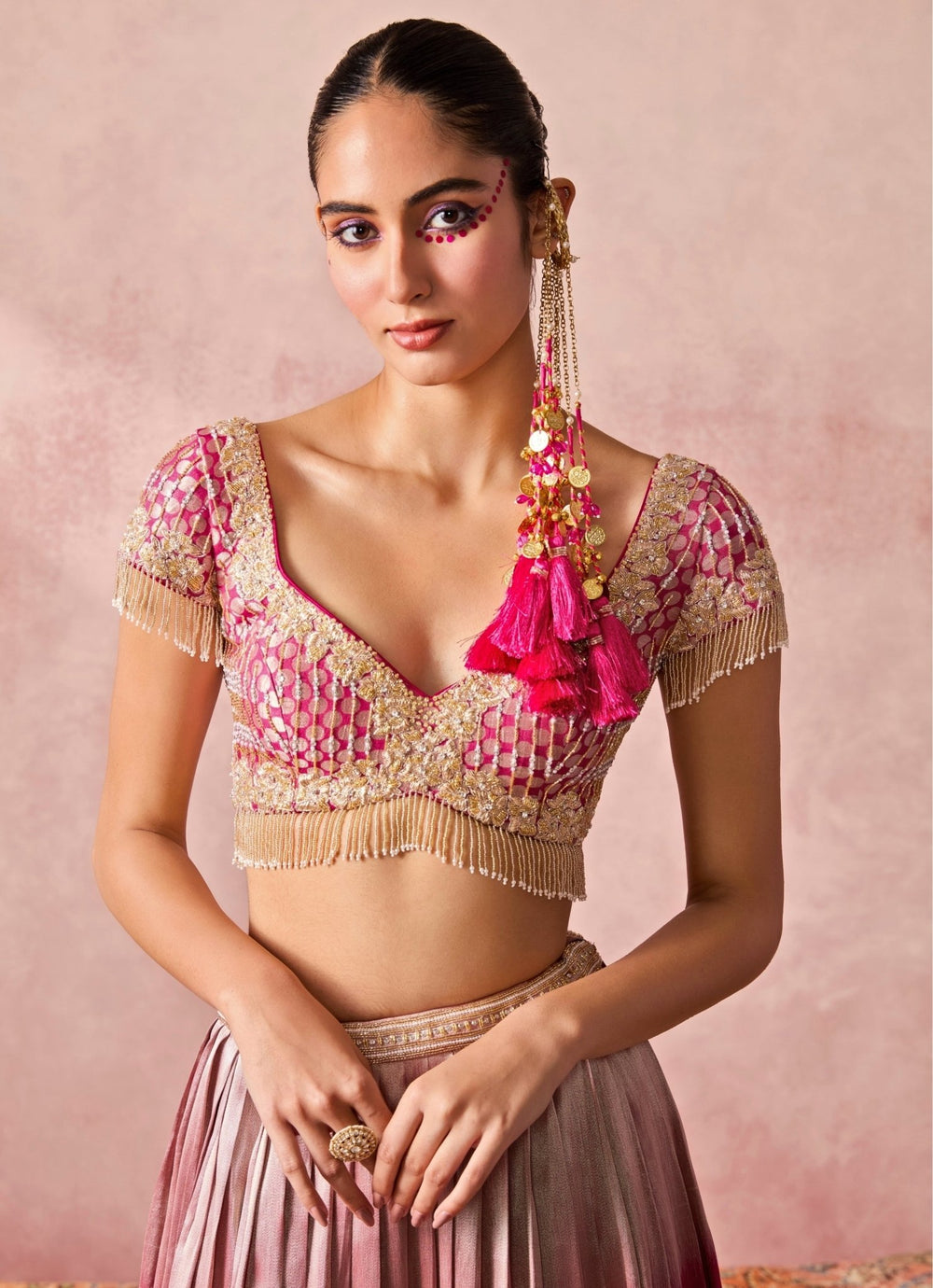 Chamee And Palak Pink Tissue Jamewar Pleated Lehenga SetFabilicious Fashion