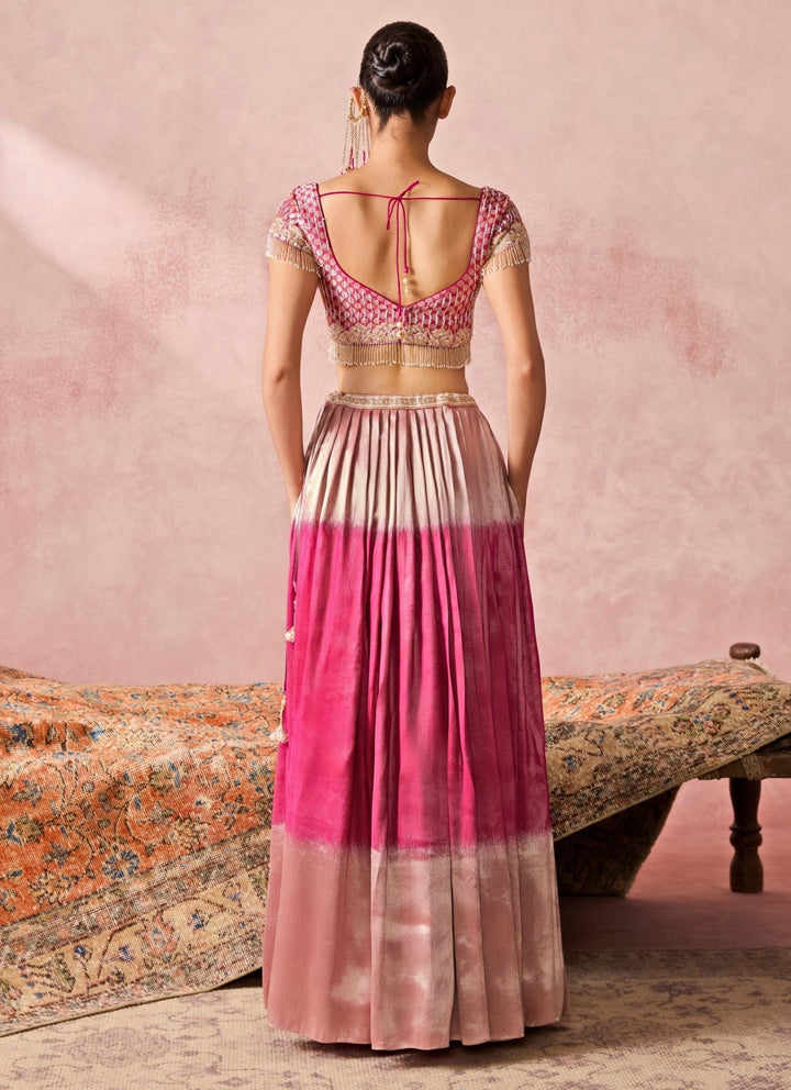 Chamee And Palak Pink Tissue Jamewar Pleated Lehenga SetFabilicious Fashion