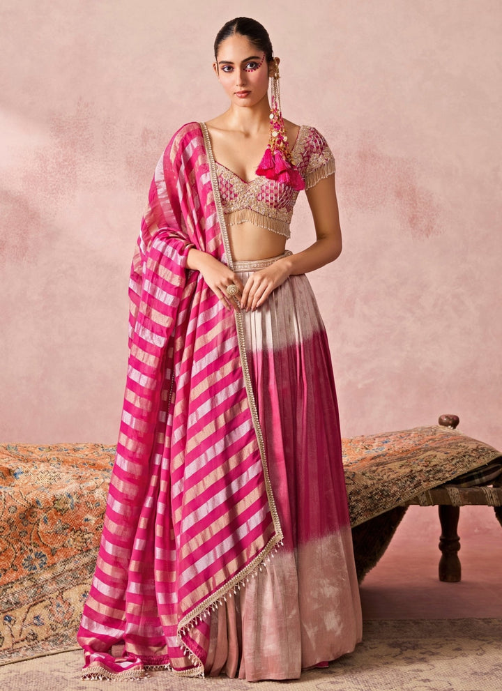 Chamee And Palak Pink Tissue Jamewar Pleated Lehenga SetFabilicious Fashion