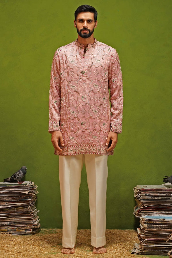 Pink tissue silk short kurta pants set for men for a sangeet by Kalpraag